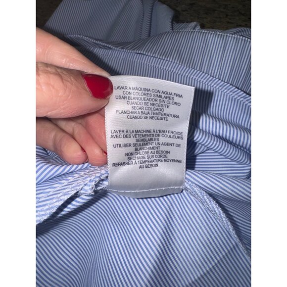 Donna Morgan Blue White Striped Off-Shoulder Dress Bell Sleeves Waist Tie Size 8 - Picture 9 of 10